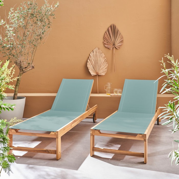 Lot de 2 bains de soleil en bois d'acacia et textilène kaki. multi positions avec roulettes