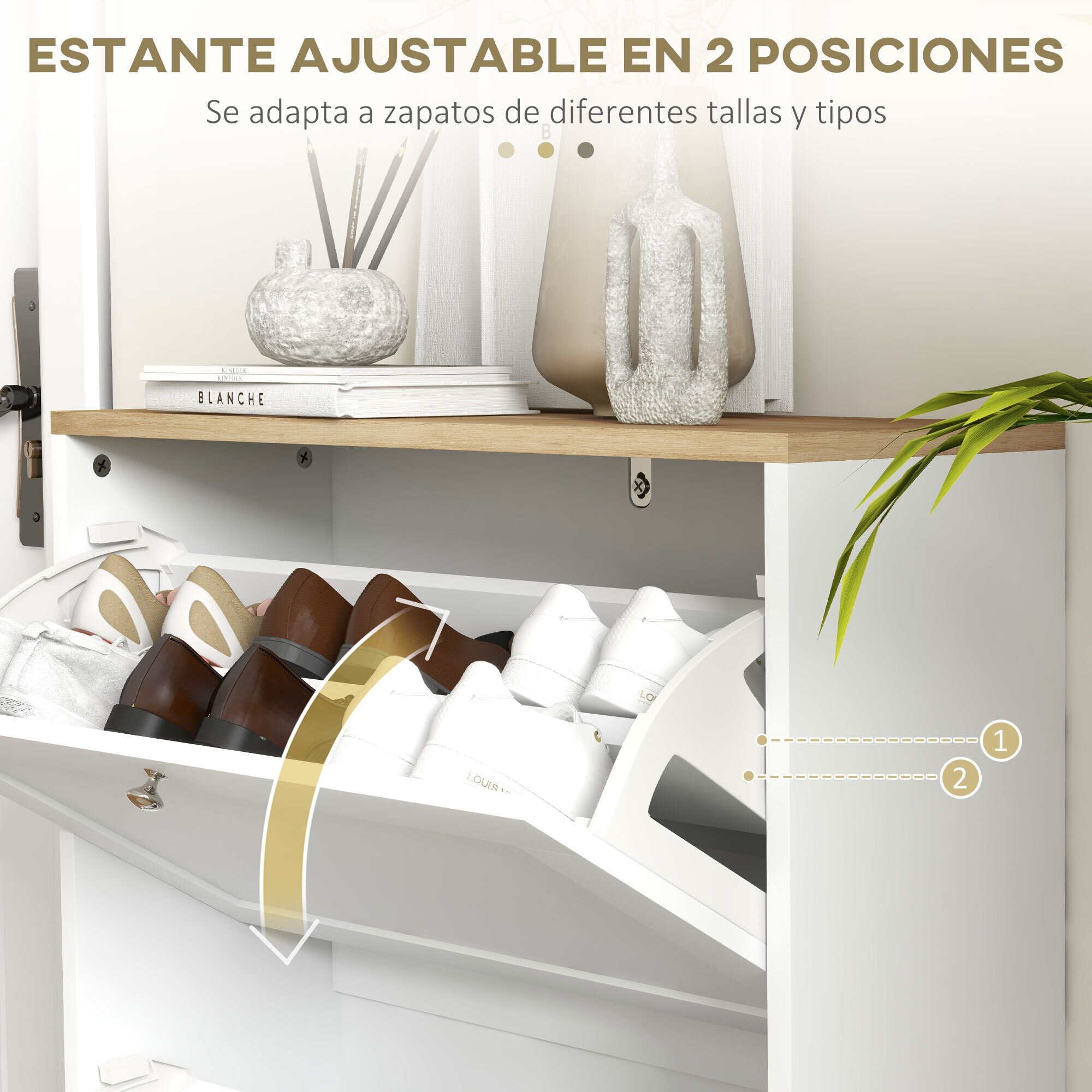 Zapatero Estrecho con 2 Puertas, Zapatero Entrada Recibidor con Estantes Ajustables, para 12 Pares de Zapatos, 60x23,5x80 cm, Blanco