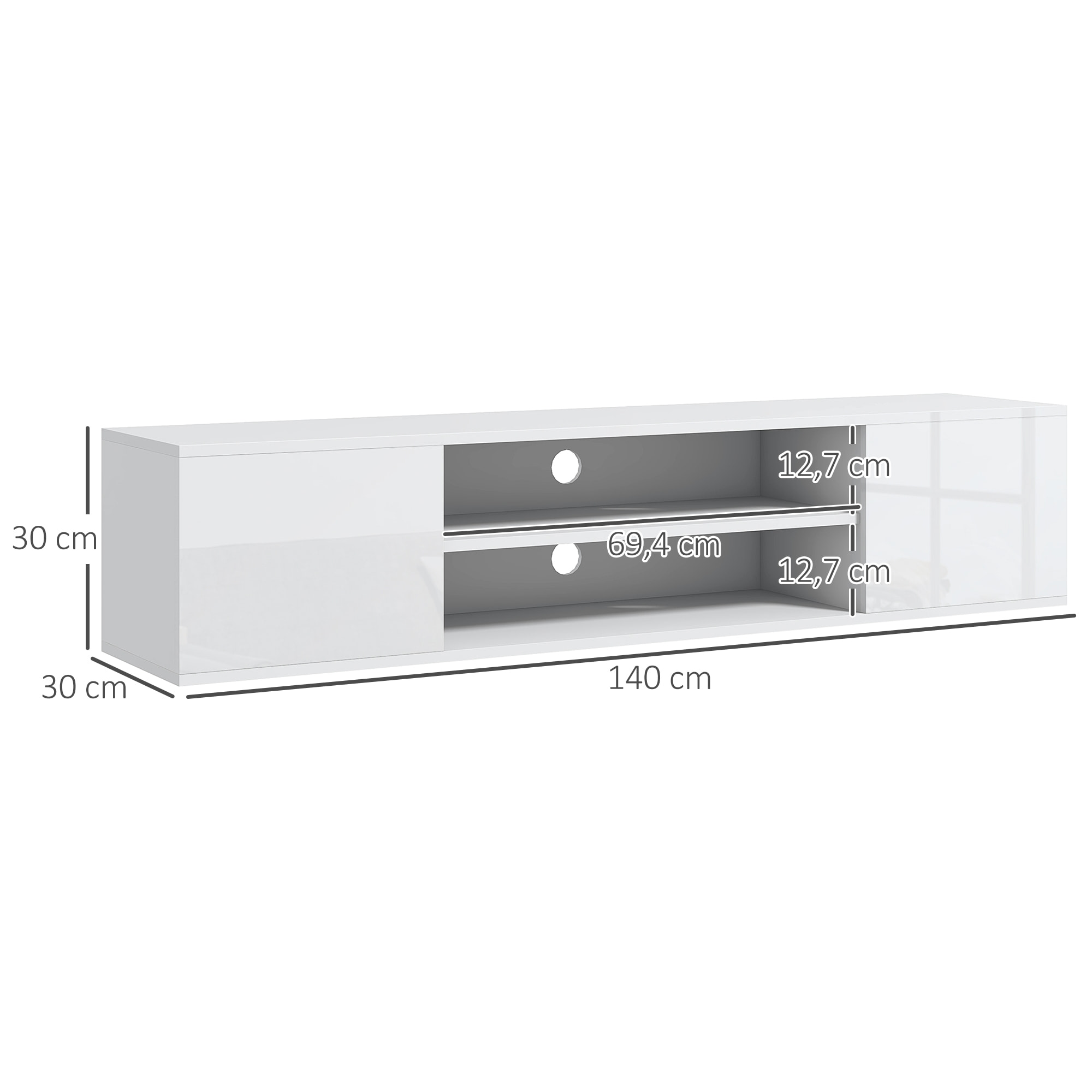 Meuble TV mural - banc TV flottant - 2 portes, 2 niches - dim. 140L x 30l x 30H cm - panneaux blanc laqué