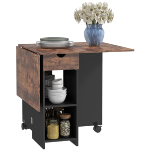 Mesa Plegable de Comedor Mesa de Cocina Plegable con Ruedas Alas Abatibles Cajón y Estantes para 2-4 Personas 120x72x75 cm Marrón Rústico y Negro