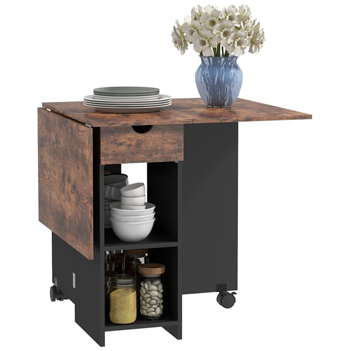 Mesa Plegable de Comedor Mesa de Cocina Plegable con Ruedas Alas Abatibles Cajón y Estantes para 2-4 Personas 120x72x75 cm Marrón Rústico y Negro
