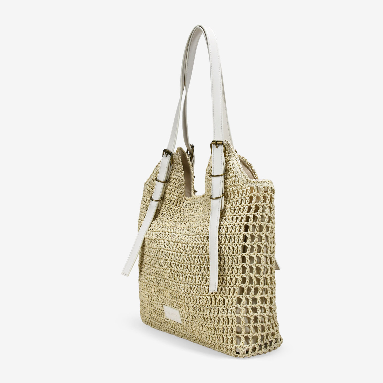 Bolso de hombro beige en rafia con hebillas