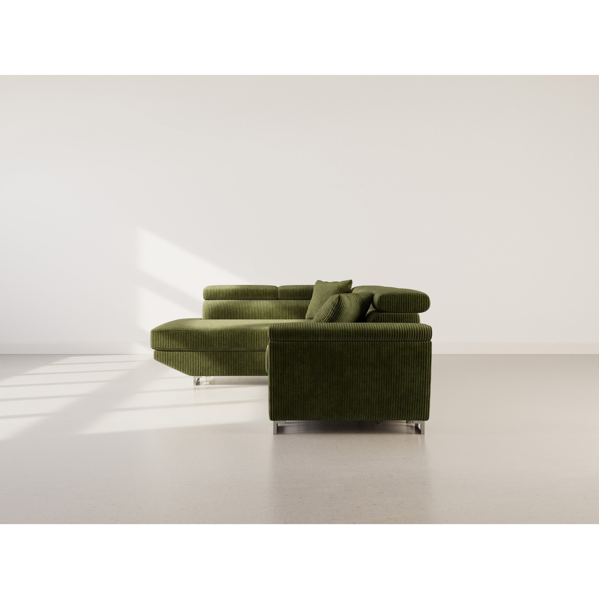 Baoji - Canapé d'angle gauche 5 places convertible avec têtières et coffre en velours côtelé - Vert