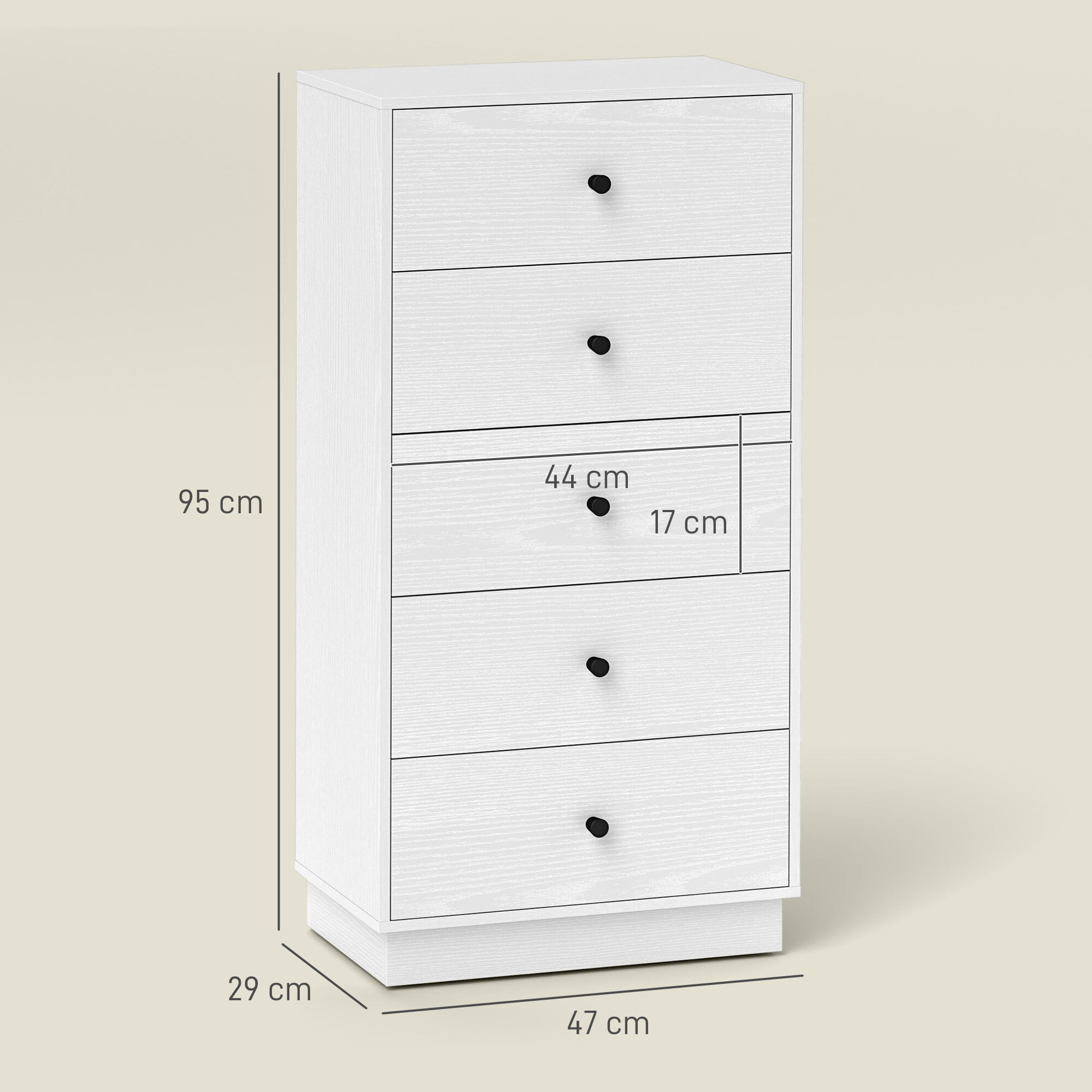 Cómoda con 5 Cajones Cómoda de Dormitorio Estrecha con Anti-vuelco Cajonera Alta para Salón Pasillo 47x29x95 cm Blanco