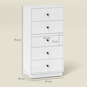 Cómoda con 5 Cajones Cómoda de Dormitorio Estrecha con Anti-vuelco Cajonera Alta para Salón Pasillo 47x29x95 cm Blanco