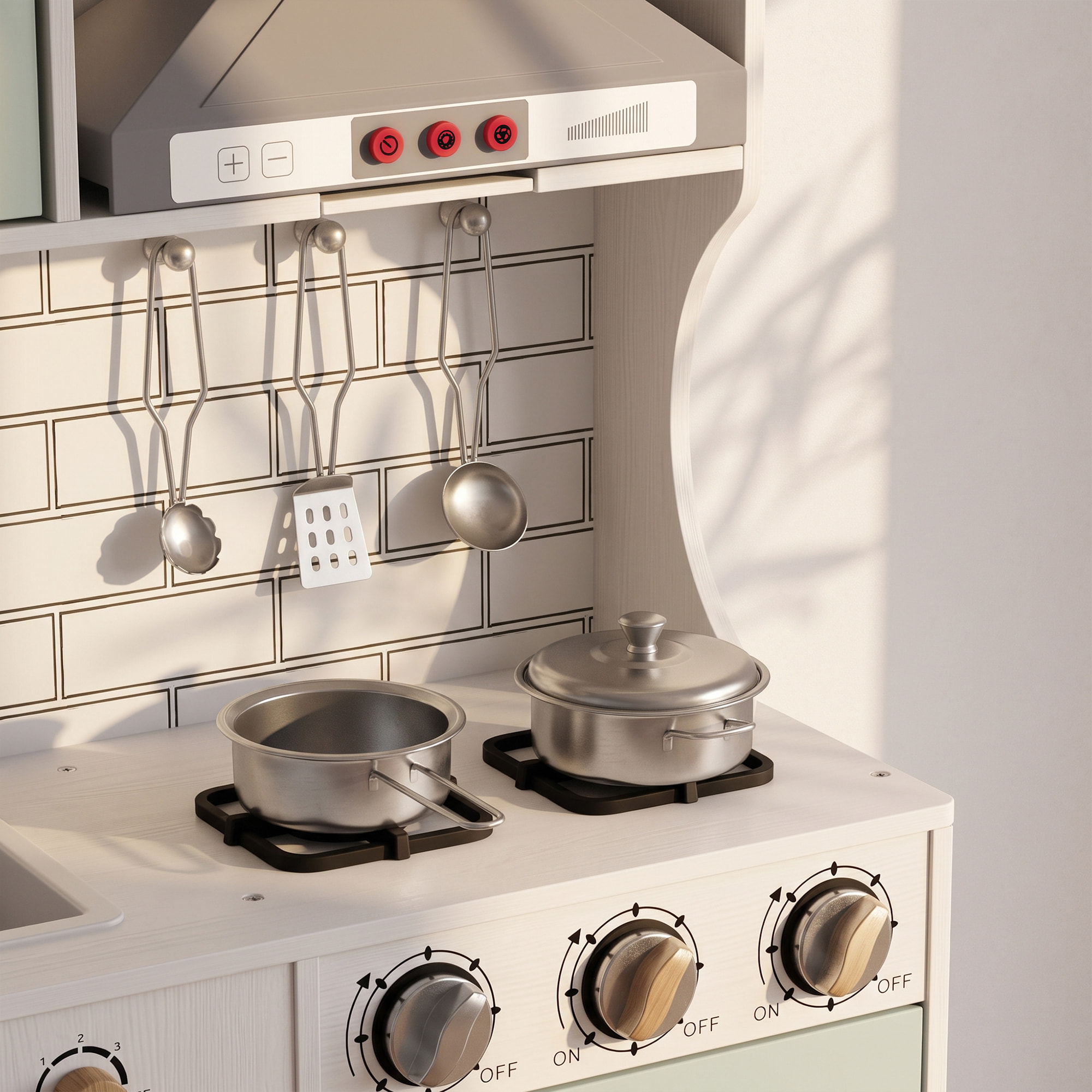 AIYAPLAY Cocina de Juguete de Madera con Luces y Sonidos. Cocinita Infantil con Campana Extractora, Dispensador de Agua, Cafetera, Nevera, Horno, Fregadero, Accesorios, 3-6 Años Verde Azulado