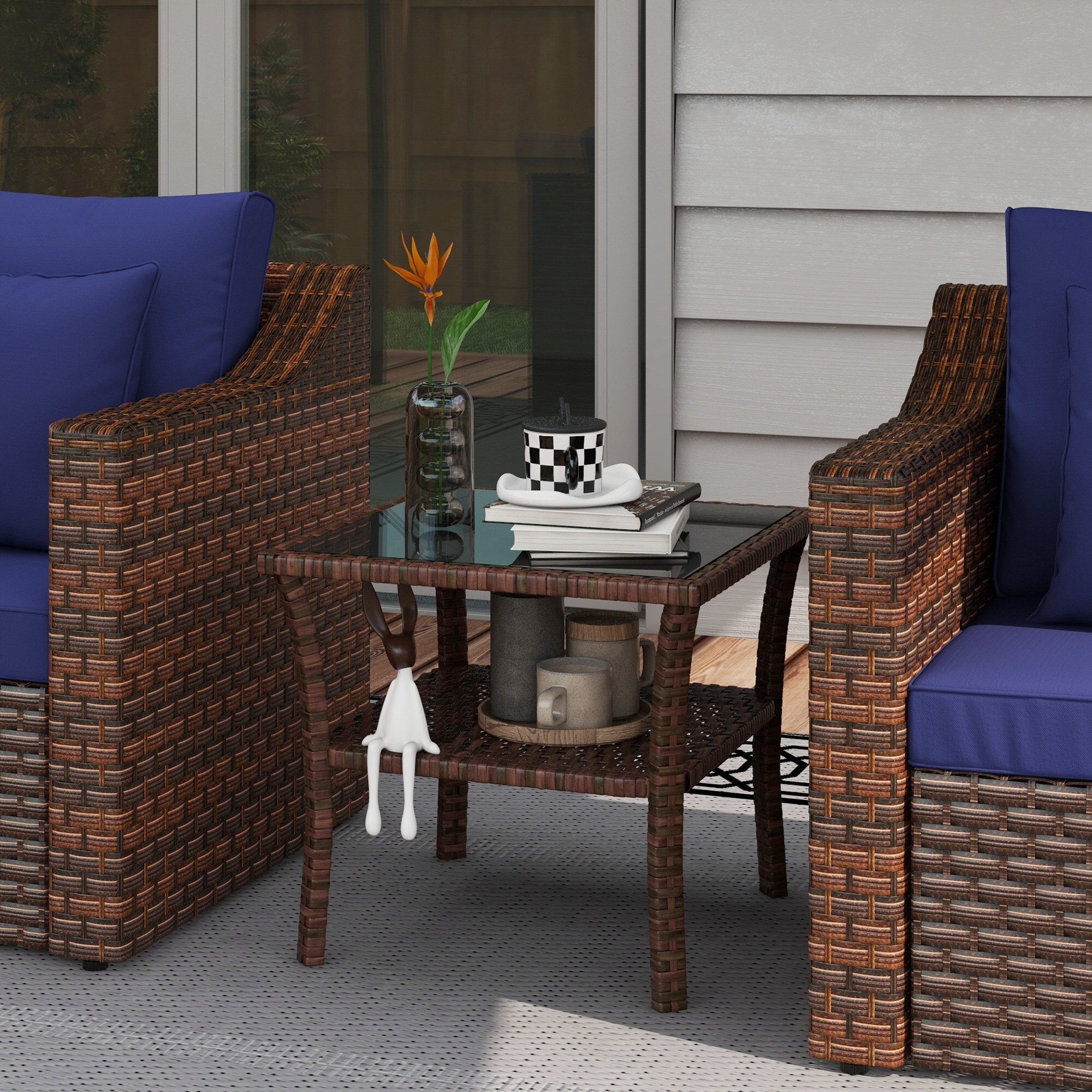 Table basse de jardin avec étagère et plateau verre trempé dim. 50 x 50 x 45 cm résine tressée chocolat