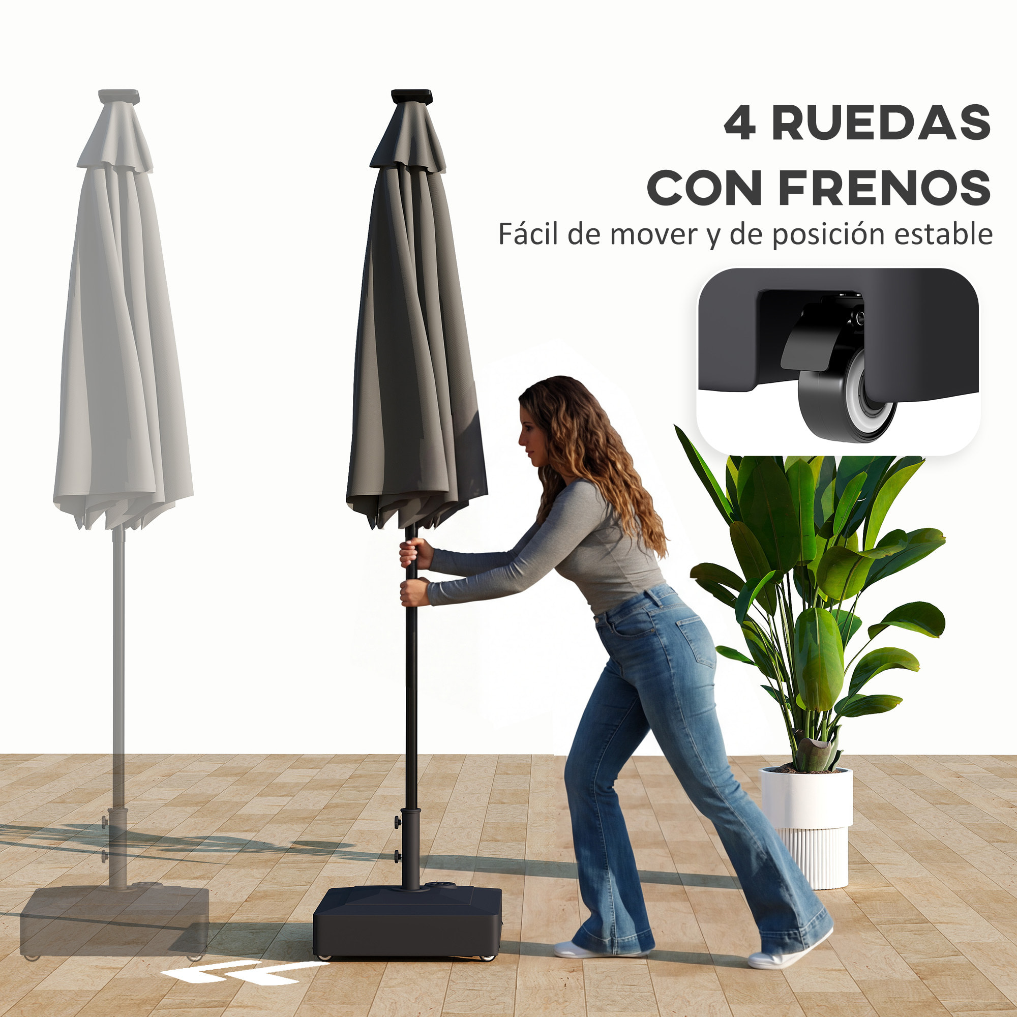Base para Sombrilla Cuadrada con Ruedas, Soporte de Parasol de HDPE, Pie para Sombrilla con Postes Ø35/38/48 mm, Rellenable de Arena 61 kg o Agua 40 kg, para Jardín, Patio, Terraza, Negro
