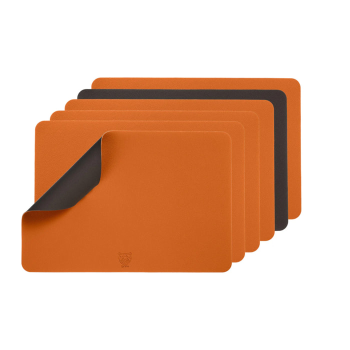 Set de table rectangulaire réversible - 6 pièces - Cuir recyclé orange et chocolat