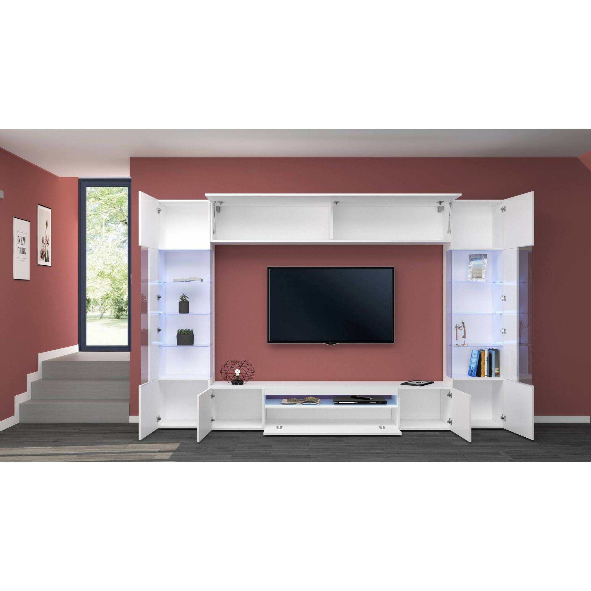 Parete attrezzata Clementino, Set salotto porta TV a 6 ante, Mobile soggiorno multiuso con luce LED, 100% Made in Italy, cm 290x40h191, Bianco lucido