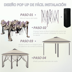 Carpa Plegable con Luces LED 3,3x3,3 m Cenador de Jardín con Control Remoto 4 Paredes Laterales de Malla Altura Ajustable y Bolsa de Transporte para Patio Fiestas Beige
