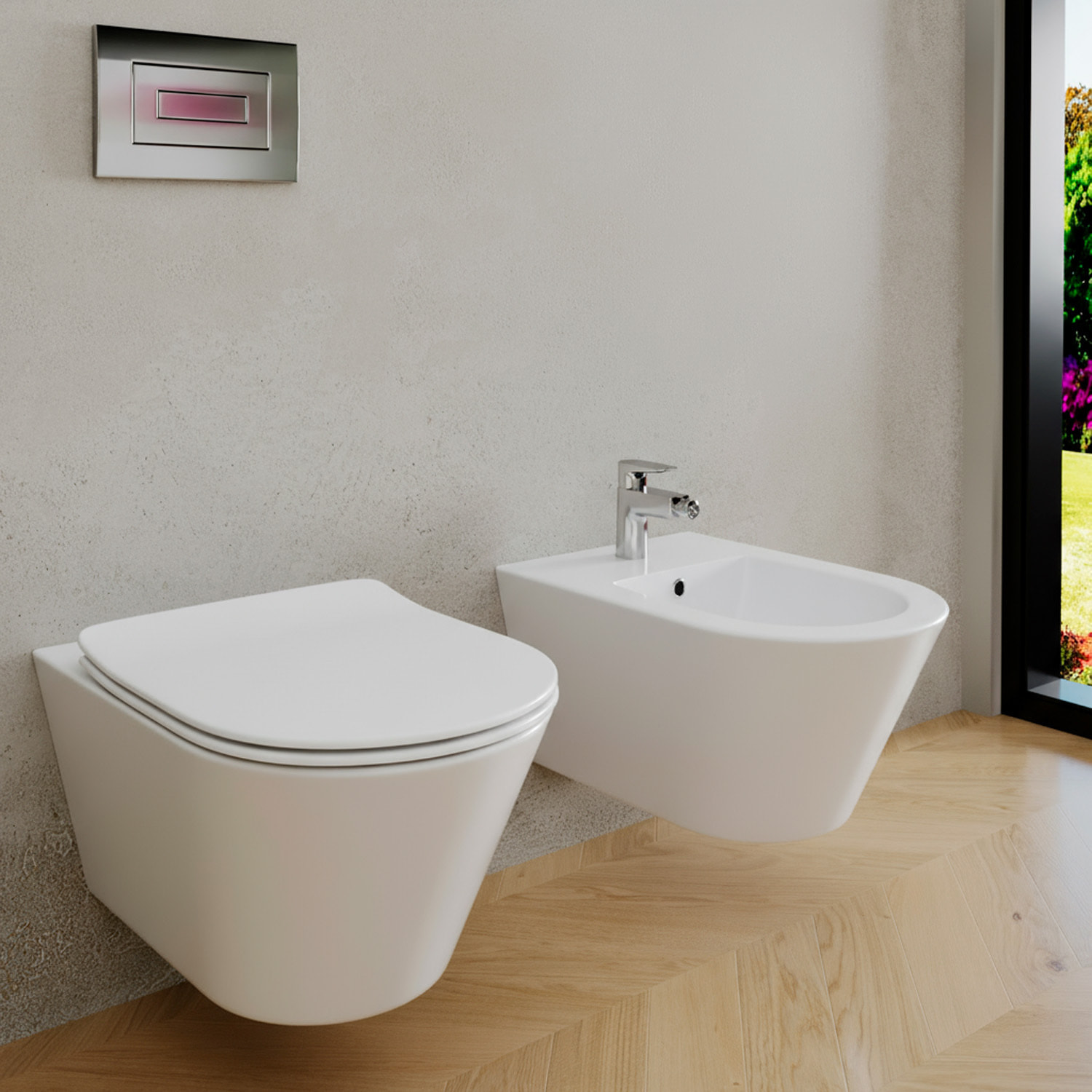 Coppia Sanitari Sospesi Vaso WC Rimless Con Tornado Flush E Bidet Sospeso Moderno Tondo In Ceramica Con Copriwater Chiusura Soft Close Bianco Opaco