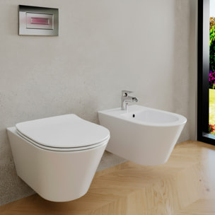 Coppia Sanitari Sospesi Vaso WC Rimless Con Tornado Flush E Bidet Sospeso Moderno Tondo In Ceramica Con Copriwater Chiusura Soft Close Bianco Opaco