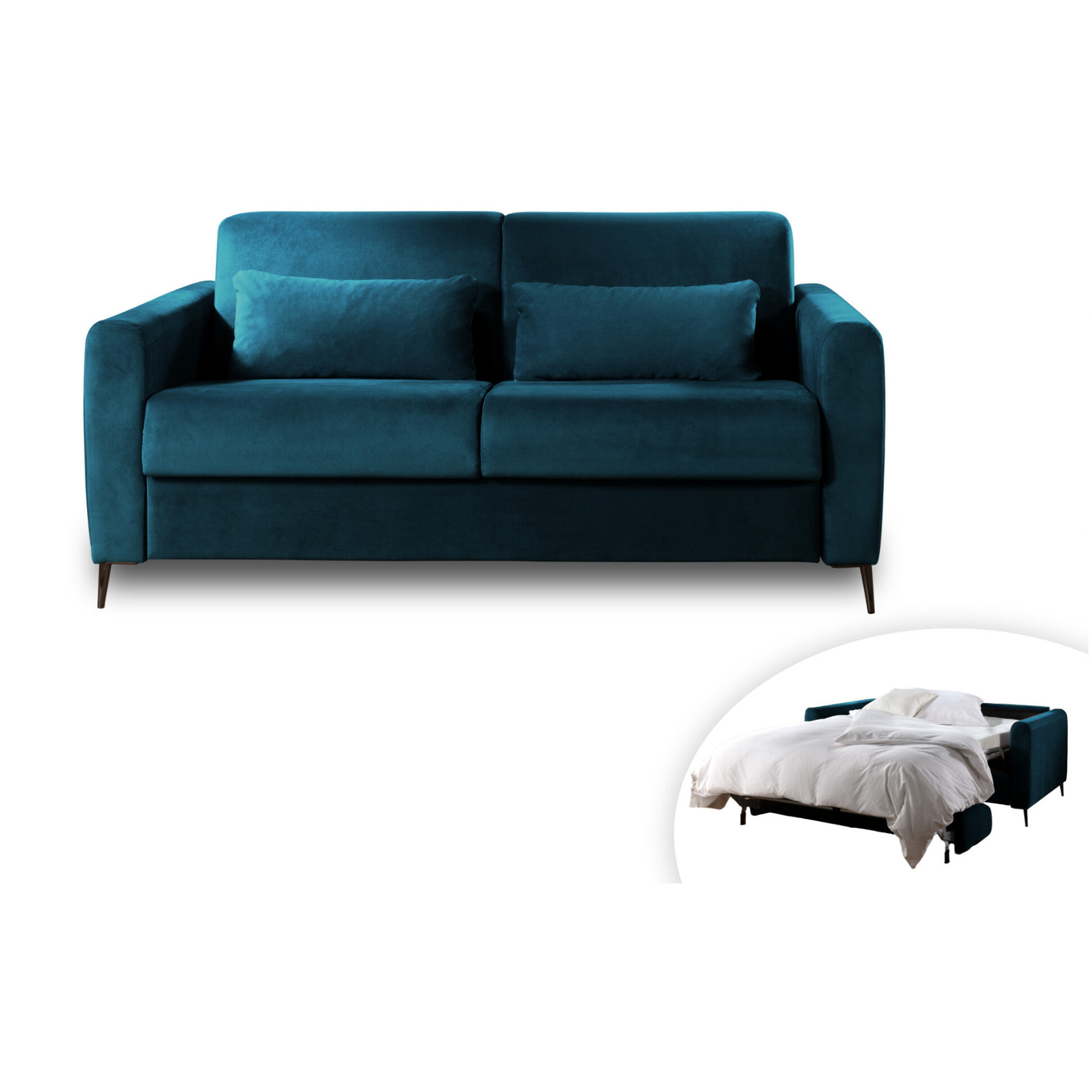 Owen - canapé 3 places convertible express couchage quotidien 140 cm matelas 12 cm en velours - Bleu canard
