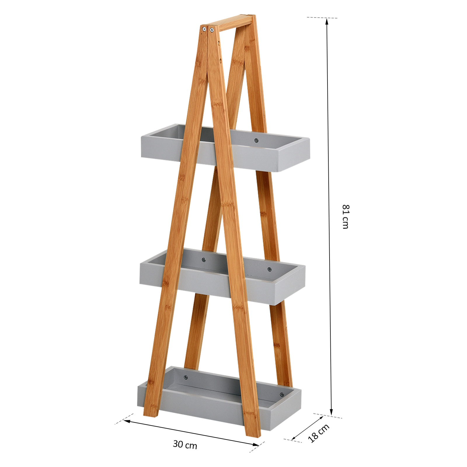 kleankin Estantería de Baño de Bambú con 3 Estantes Estantería de Almacenaje Estantería de Madera en Forma de A 30x18x81 cm Natural y Gris