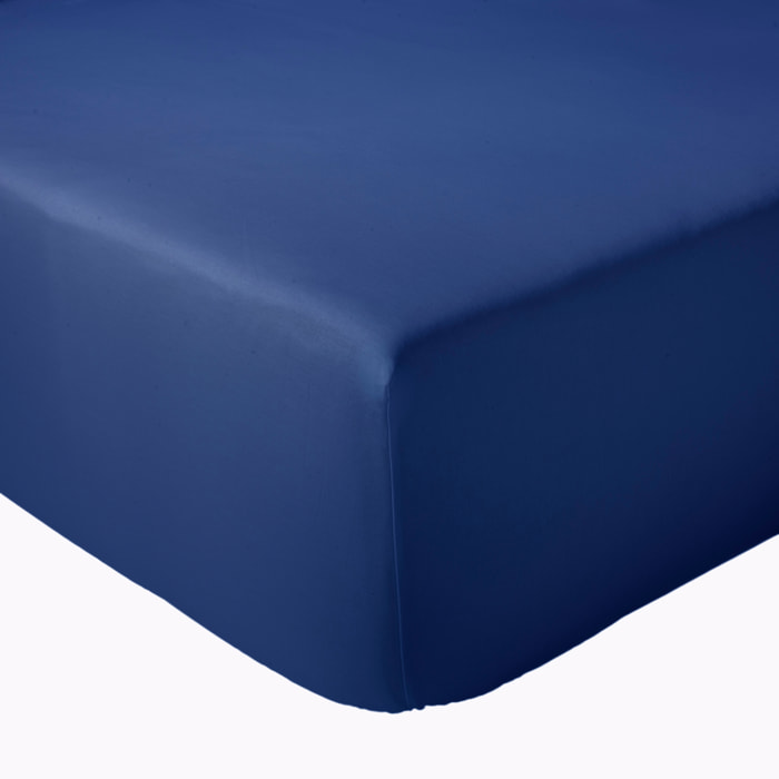 Drap-housse uni en satin de coton - Bleu Foncé