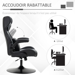 Fauteuil gaming base ronde métal pivotante 360° hauteur réglable tétière coussin lombaires accoudoirs relevables PU tissu gris noir