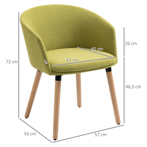 Silla de Comedor Butaca de Salón Tapizada en Lino Sintético con Reposabrazos y Patas de Madera para Oficina Dormitorio Carga 120 kg 57x56x72 cm Verde