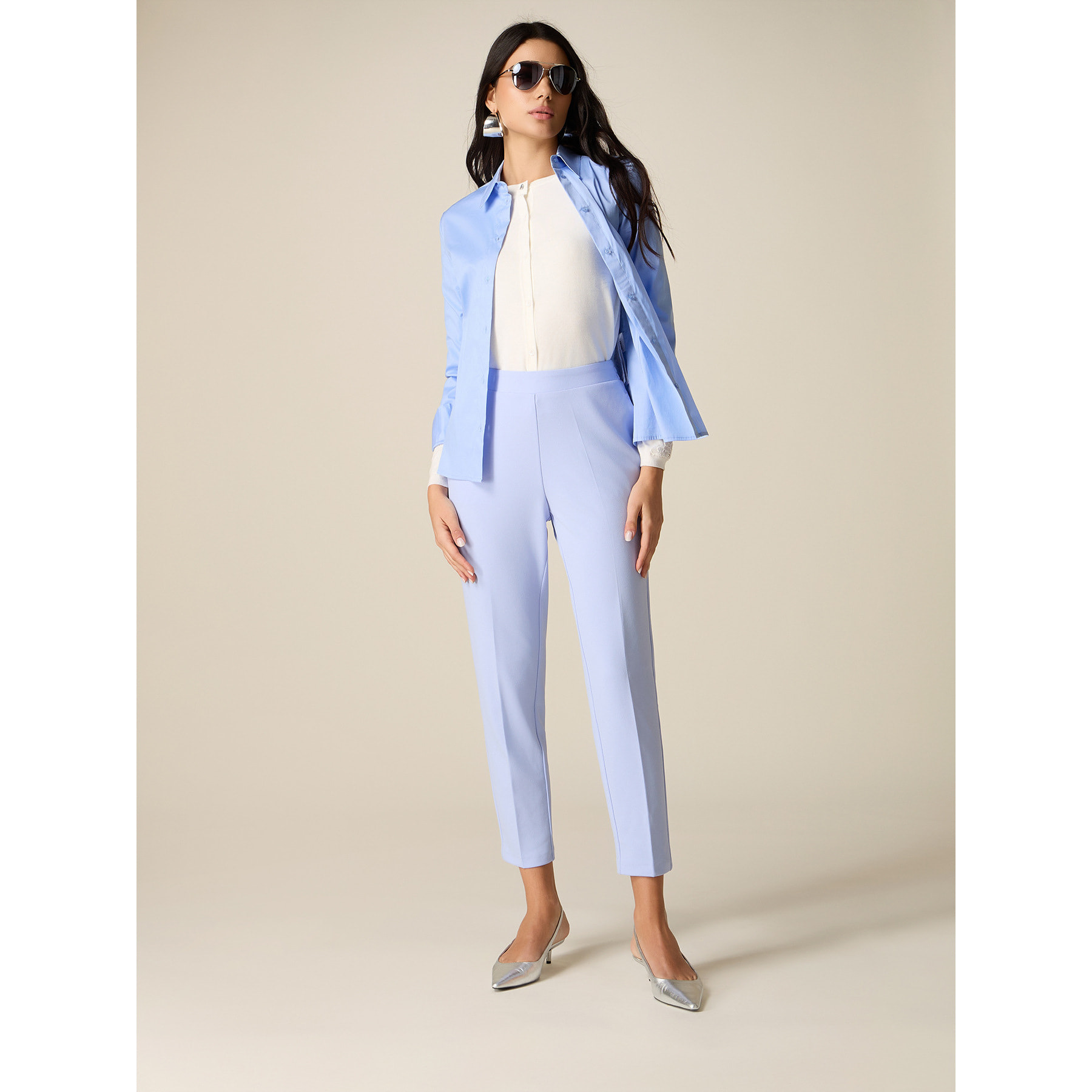 Oltre - Pantaloni regular in tessuto crêpe - Azzurro