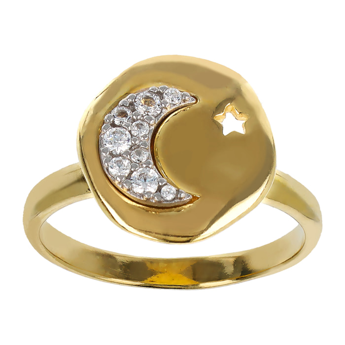 Anello Cocktail Martellato in Argento 925 placcato Oro Giallo 18Kt con Stella e Luna Pavé in Cubic Zirconia