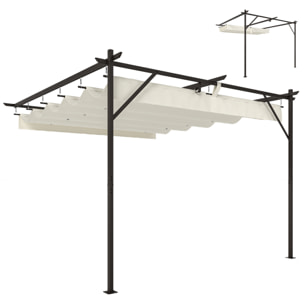 Pérgola de Pared de Jardín 3x3 m, Cenador de Jardín con Techo Retráctil, Protección UPF30+, Orificios de Drenaje y Estructura Metálica, Pabellón para Patio, Terraza, Exterior, Blanco Crema
