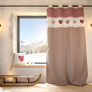 Rideau jacquard à œillets avec haut vichy et motifs cœurs - Taupe