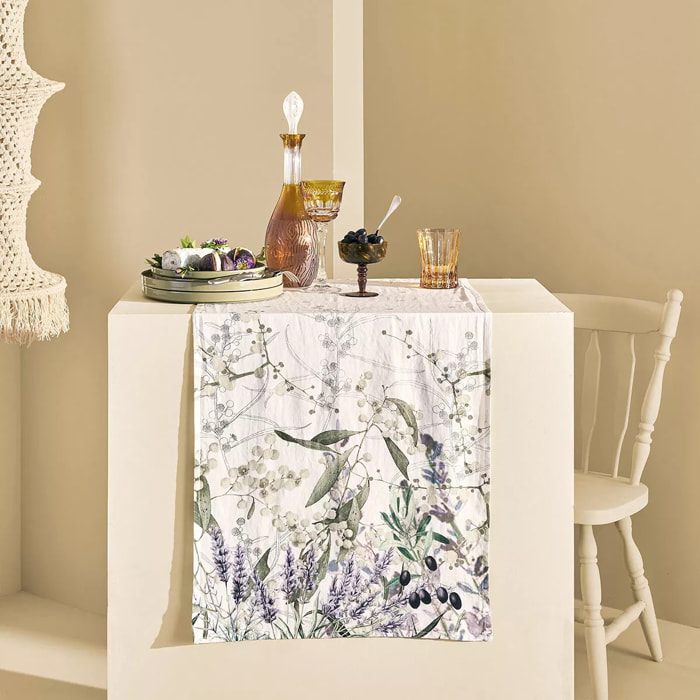 Chemin de table lin & coton lavé 150 g/m² imprimé violet Parfum de lavande mauve