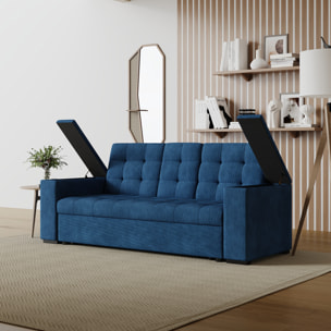 Canapé 3 places convertible avec tablette centrale et accoudoirs amovibles bleu velours côtelé TILIA