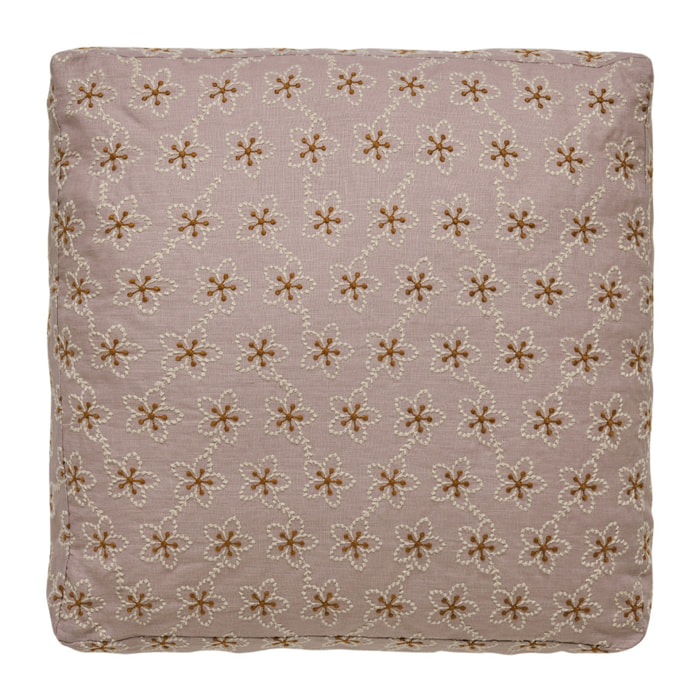 Housse de coussin brodée en lin, Made in France, FLEURS , rose moyen