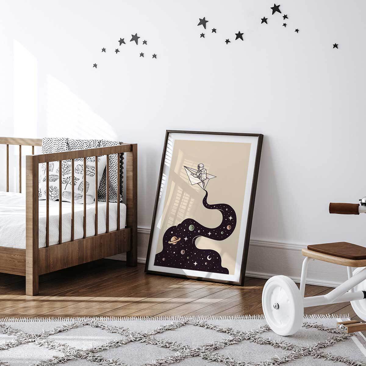 Affiche enfant envol cosmique  Affiche sous cadre noir