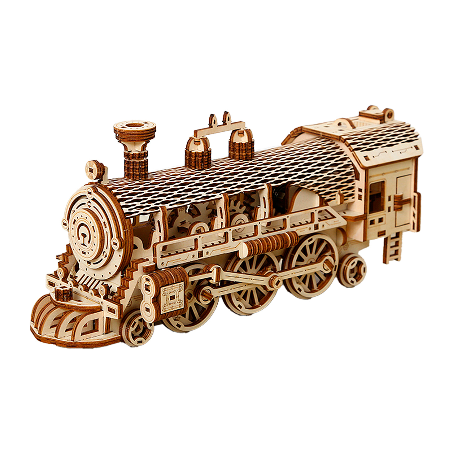 Maqueta de Madera 3D, diseño de Tren de vapor con movimiento mecánico. 361 piezas.
