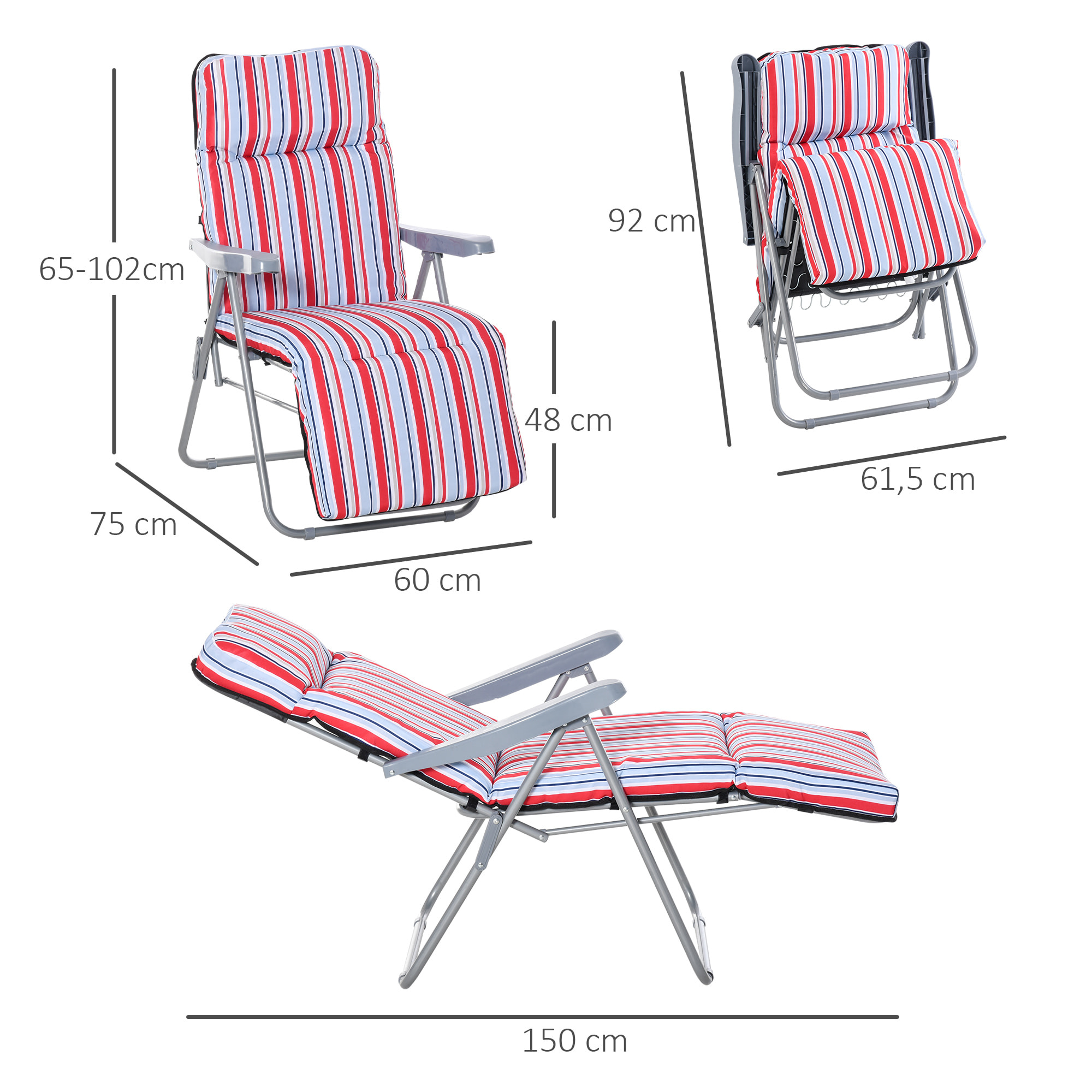 Pack de 2 Tumbonas Plegables Tumbonas de Jardín Exterior con Cojín Acolchado, Respaldo Ajustable en 5 Posiciones, Reposapiés y Marco de Acero, 60x75x65-102 cm, Rayas Rojo