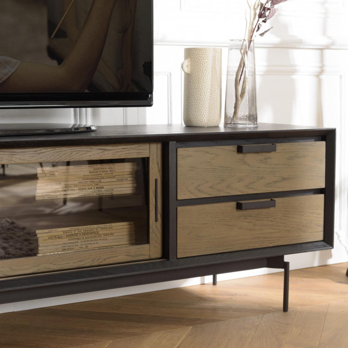 ALMA - Meuble TV marron/noir 2 portes coulissantes en verre fumé pieds métal noir