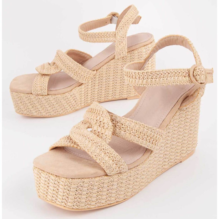 Sandalia De Cuña - Beige - Altura: 10 Cm