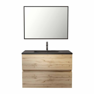 Pack Meuble SDB 80cm suspendu 2 tiroirs Chene_Vasque noire + Miroir - TIMBER 80