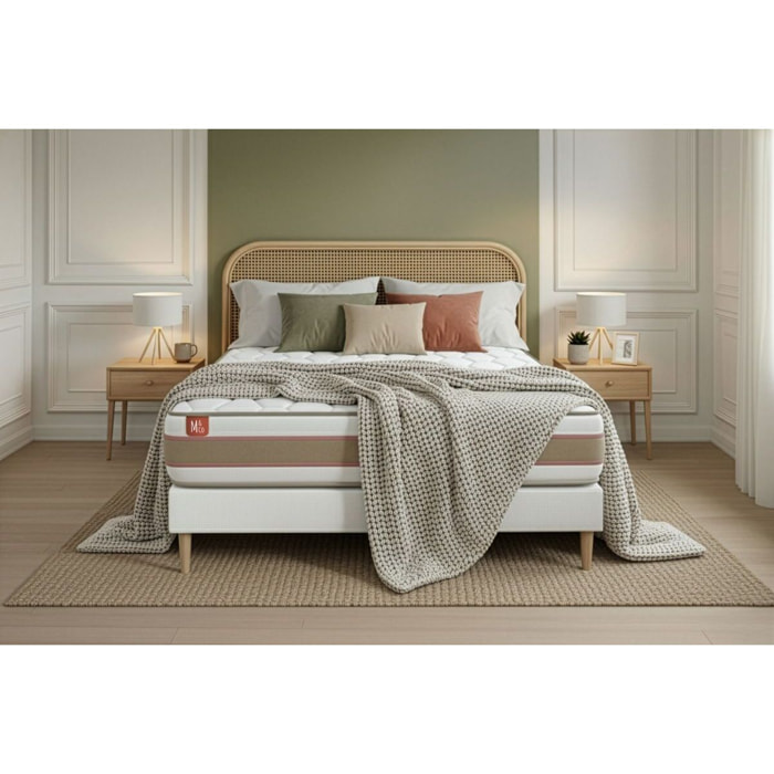 Ensemble Matelas Le Délicat - 26cm - Ressorts ensachés et mémoire de forme - Technologie hybride, fabrication responsable. - Sommier Tapissier Blanc
