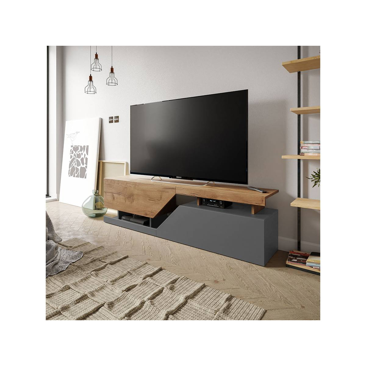 Meuble TV "Ceelias" -160 x 46 x 35 cm - Gris/Marron