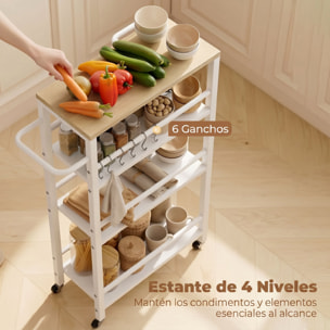 Carrito Auxiliar con Ruedas de 4 Niveles, Carrito de Cocina con Toallero y 6 Ganchos, Estrecho para Espacios Pequeños, Verduras, Frutas, para Comedor, 50x20x81 cm, Roble