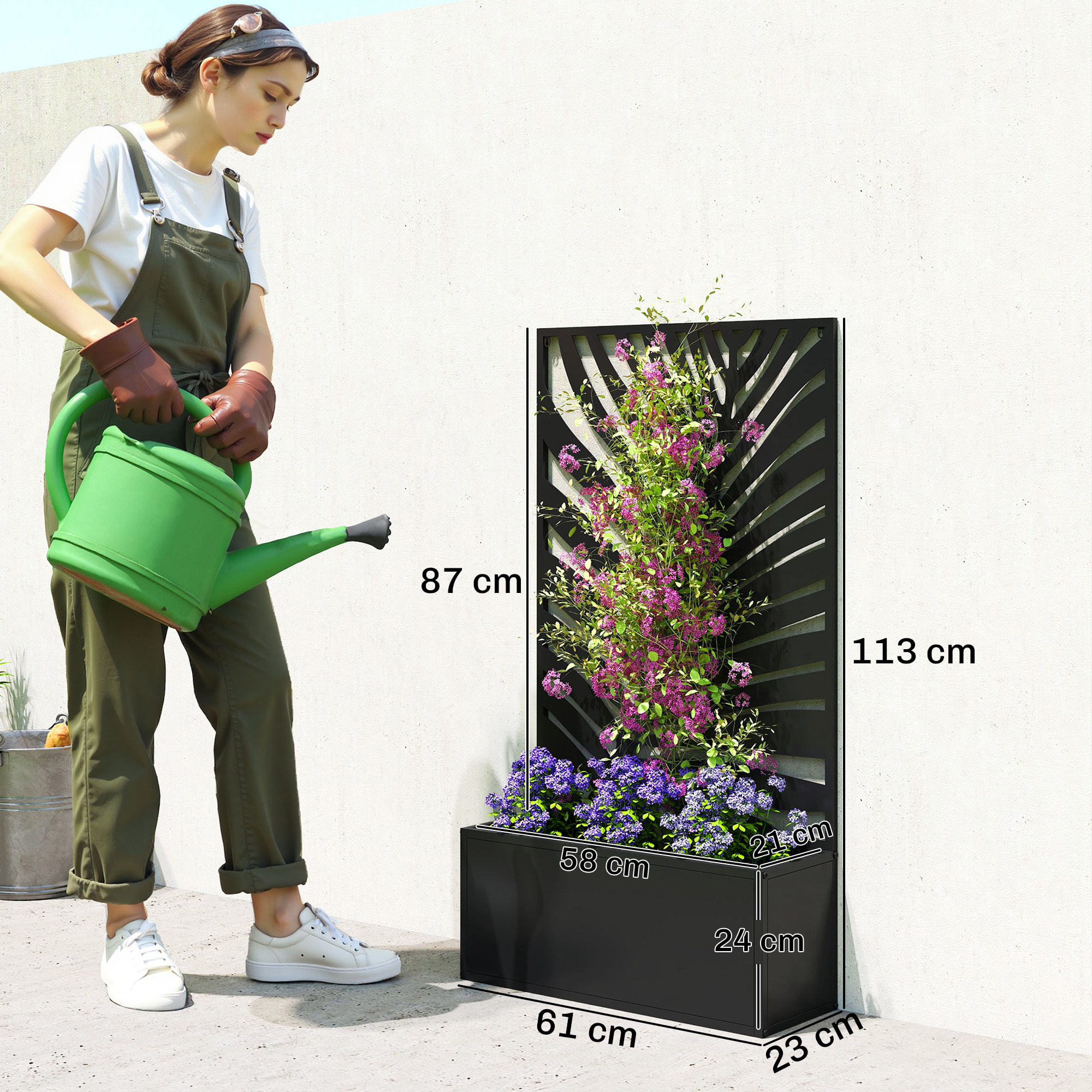 Jardinière treillis haut design graphique feuillage 61 x 23 x 113 cm métal époxy noir