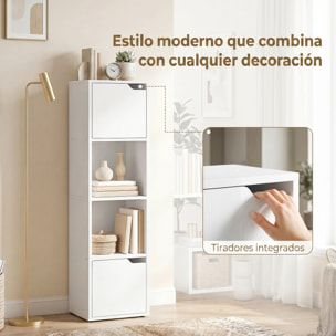 Estantería para Libros con 2 Puertas, Librería Estrecha de 4 Niveles con 2 Estantes Abiertos, Armario Alto para Salón, Estudio, Oficina, 30x29x119 cm, Blanco
