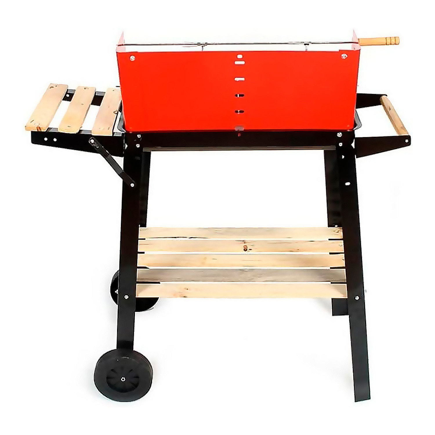 Griglia a carbone portatile con ruote e spiedo.