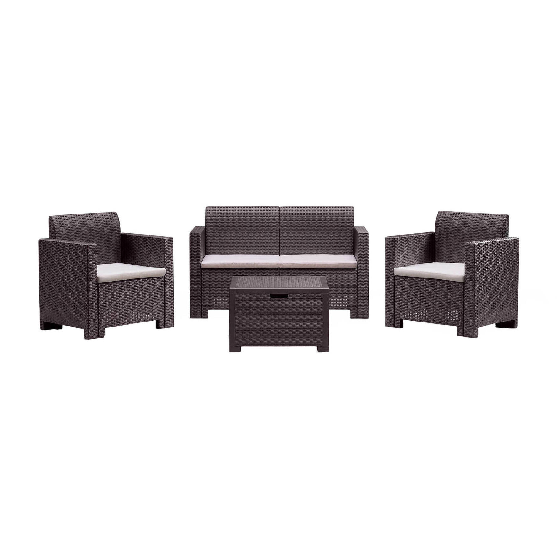 Set salotto da esterno Gazania, Salottino outdoor, Set da balcone o giardino, Composizione soggiorno per esterni, Made in Italy, Marrone