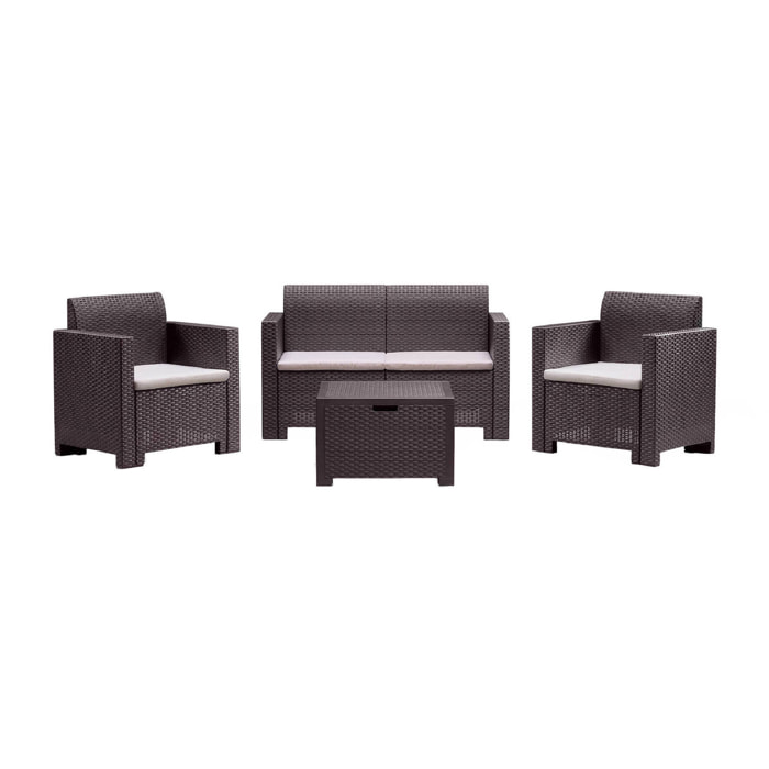 Set salotto da esterno Gazania, Salottino outdoor, Set da balcone o giardino, Composizione soggiorno per esterni, Made in Italy, Marrone