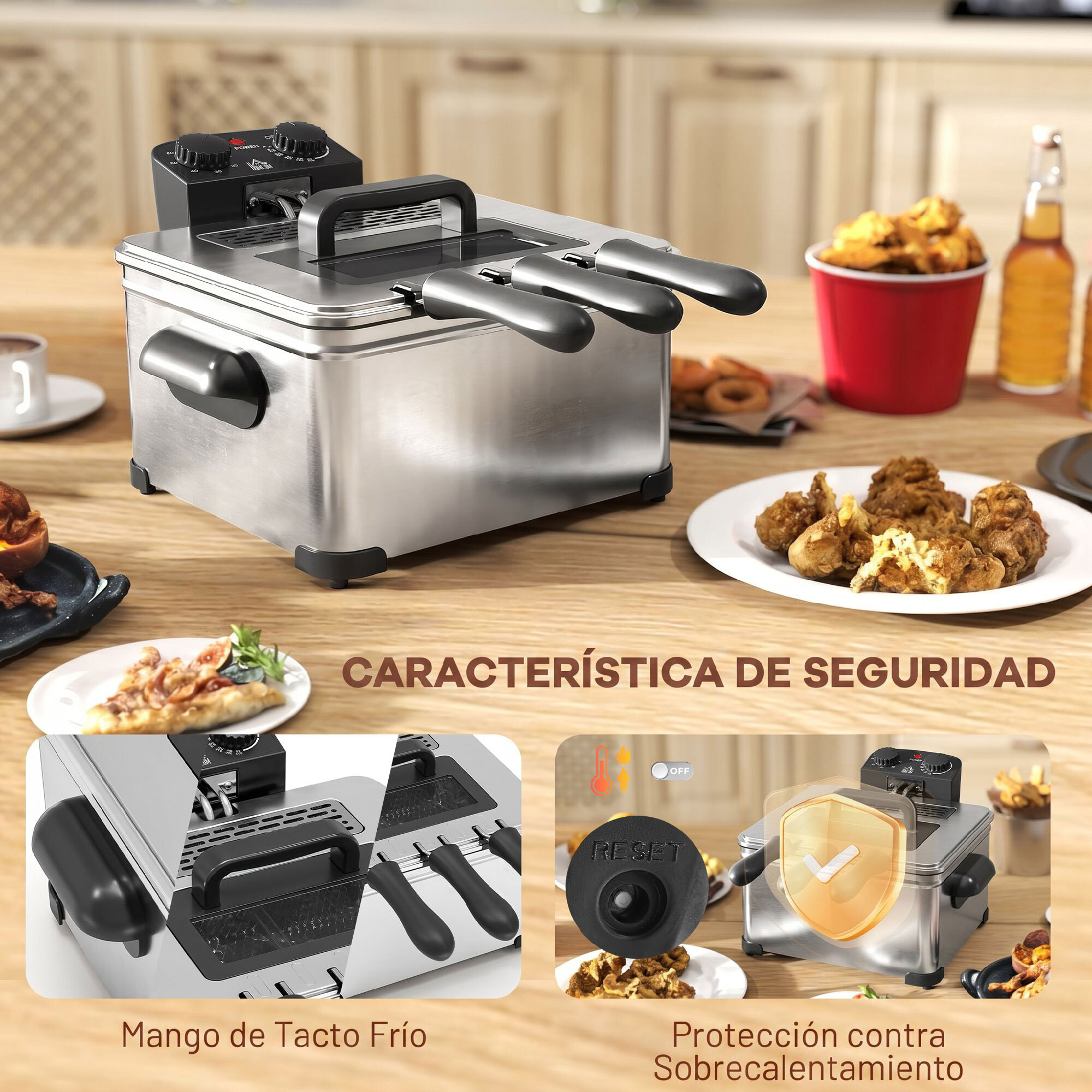 Freidora 5L 2000W, Temperatura Ajustable hasta 190°C, Contenedor Desmontable, Ventana Visualización, Protección Sobrecalentamiento, Temporizador 60 min, Acero Inoxidable, Apta para Lavavajillas