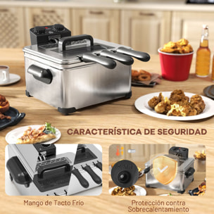 Freidora 5L 2000W, Temperatura Ajustable hasta 190°C, Contenedor Desmontable, Ventana Visualización, Protección Sobrecalentamiento, Temporizador 60 min, Acero Inoxidable, Apta para Lavavajillas