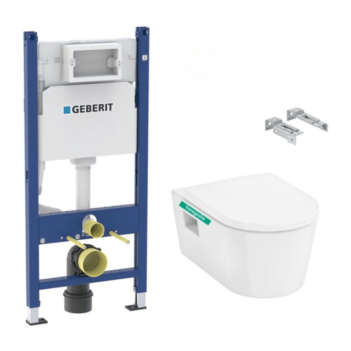 Pack WC Bati-support Geberit Duofix + WC sans bride EluPura Original S + Abattant classique + Plaque blanche (EluPuraSGeb3)