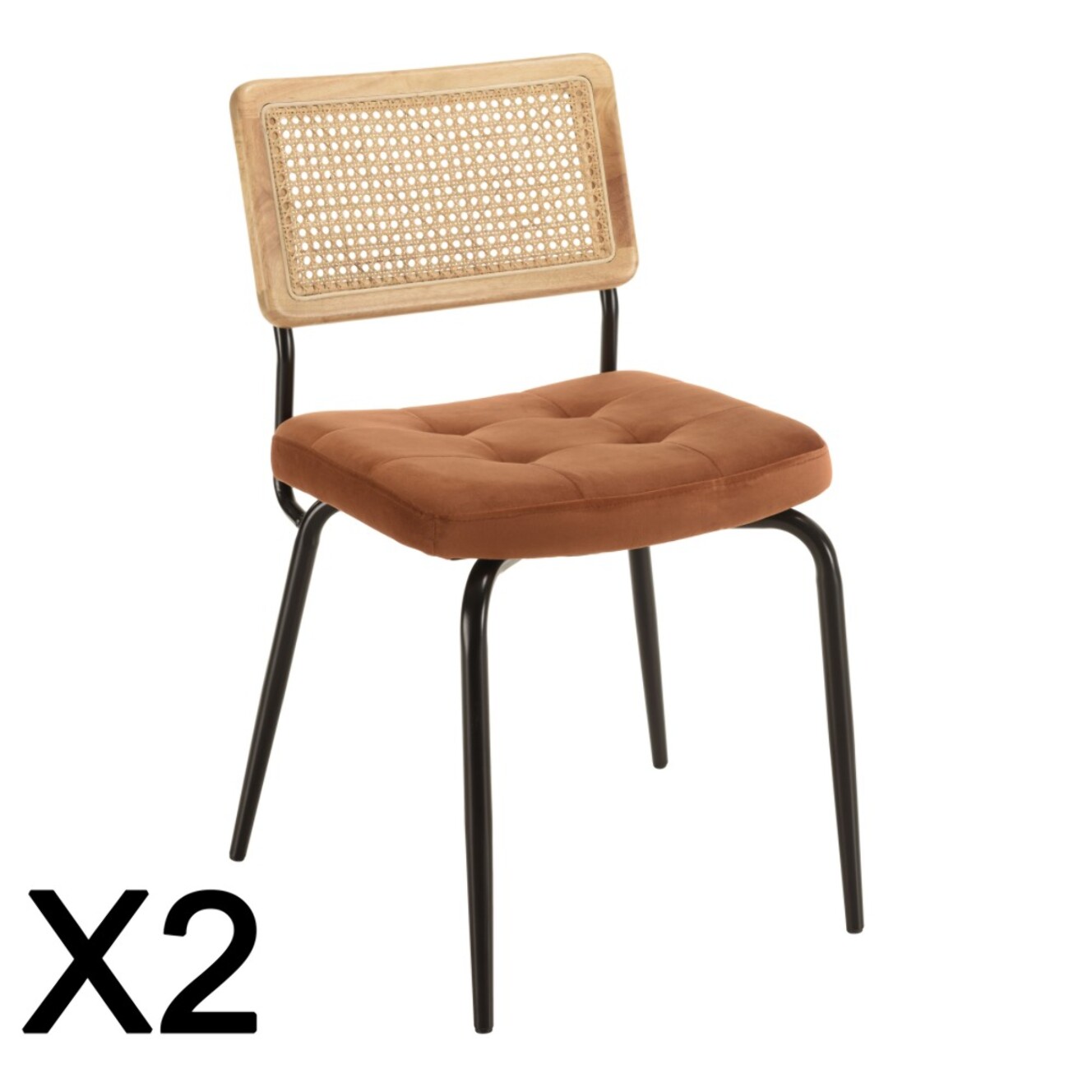 AGATHE- Lot de 2 chaises métal noir assise velours orange dossier rotin
