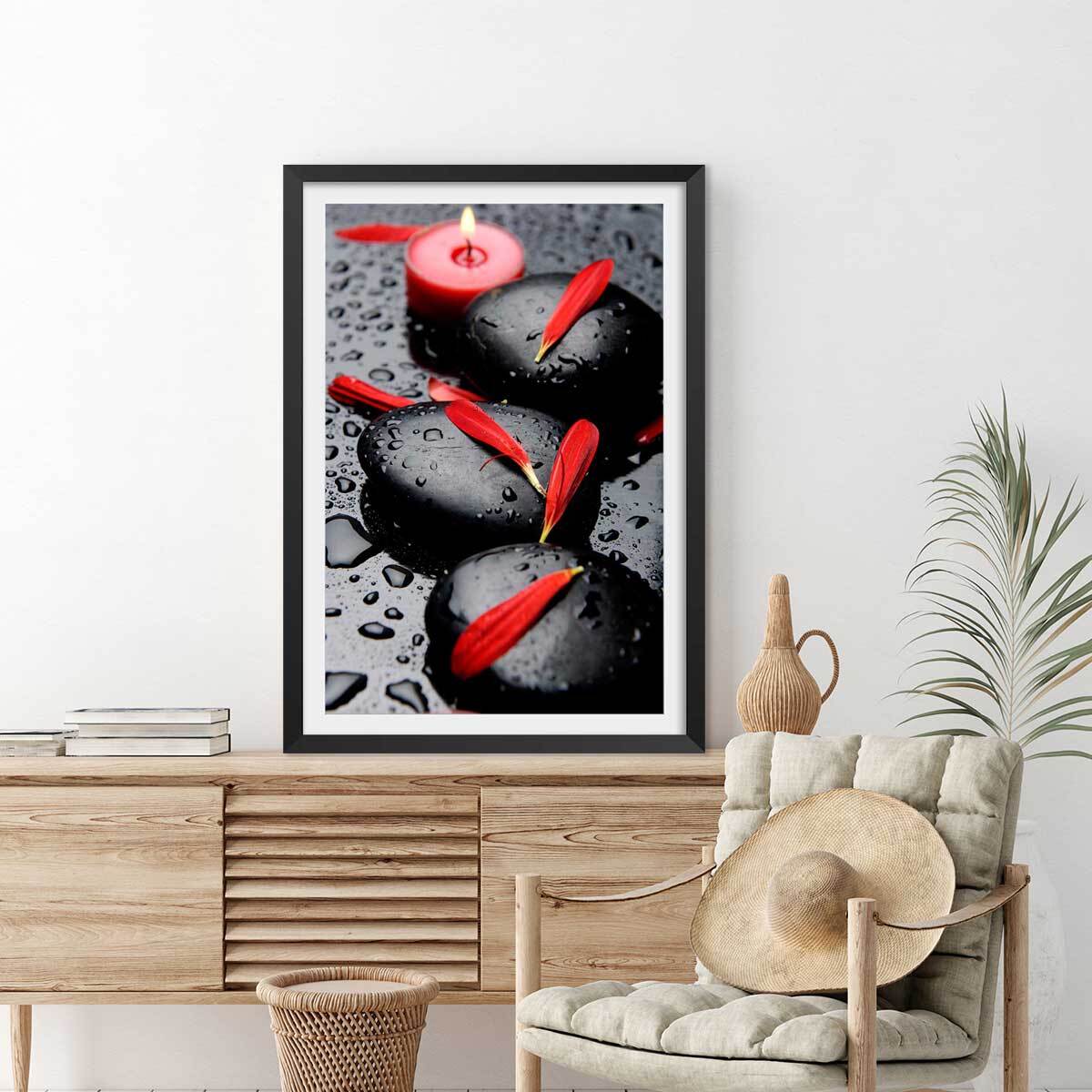 Poster zen petales rouges Affiche + cadre en bois - Noir