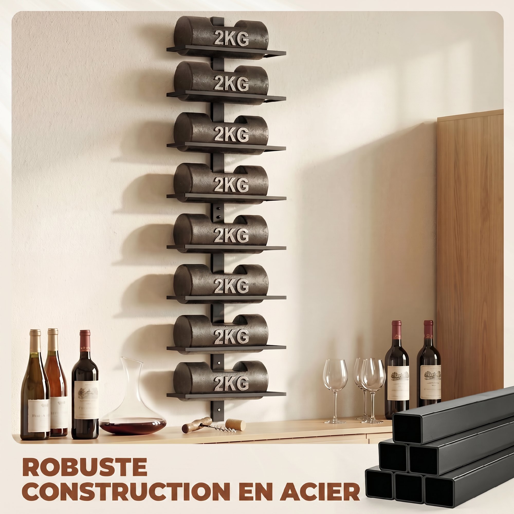 Porte-bouteilles mural 8 bouteilles - casier à vin mural - dim. 27 x 10 x 93 cm - acier noir