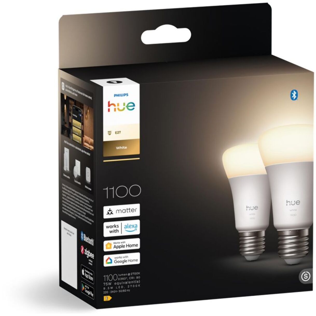 Ampoule LED connectée PHILIPS HUE E27 White 75W pack de 2